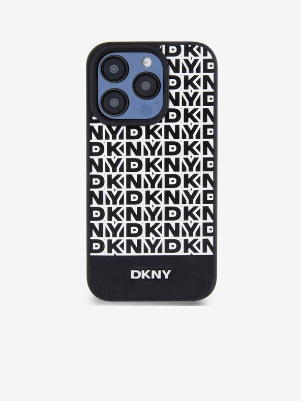 DKNY PU kožený zadný kryt Repeat Pattern Bottom Stripe MagSafe pre iPhone 14 Pro Max Black DKNY