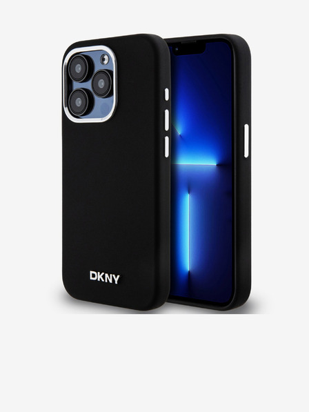 DKNY Tekutý silikón Strieborné kovové logo Magsafe zadný kryt pre iPhone 15 Pro čierny DKNY