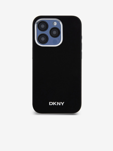 DKNY Tekutý silikón Strieborné kovové logo Magsafe zadný kryt pre iPhone 15 Pro čierny DKNY