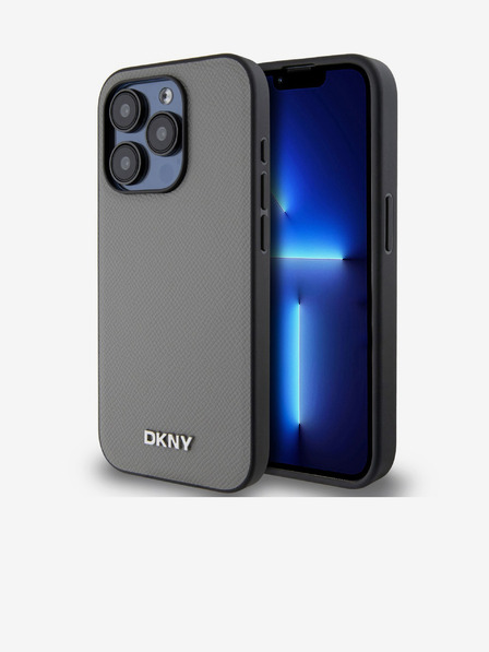 DKNY PU kožený strieborný kovový zadný kryt s logom Magsafe pre iPhone 15 Pro sivý DKNY