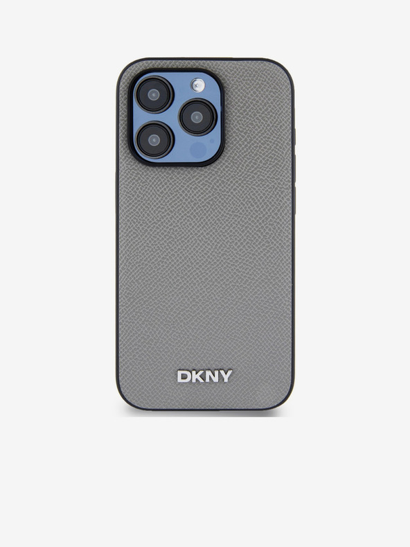 DKNY PU kožený strieborný kovový zadný kryt s logom Magsafe pre iPhone 15 Pro sivý DKNY