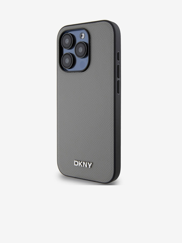 DKNY PU kožený strieborný kovový zadný kryt s logom Magsafe pre iPhone 15 Pro sivý DKNY