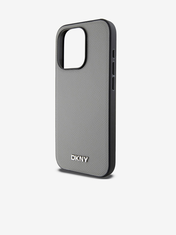 DKNY PU kožený strieborný kovový zadný kryt s logom Magsafe pre iPhone 15 Pro sivý DKNY