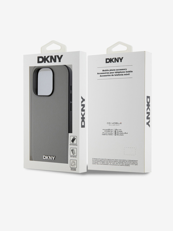 DKNY PU kožený strieborný kovový zadný kryt s logom Magsafe pre iPhone 15 Pro sivý DKNY