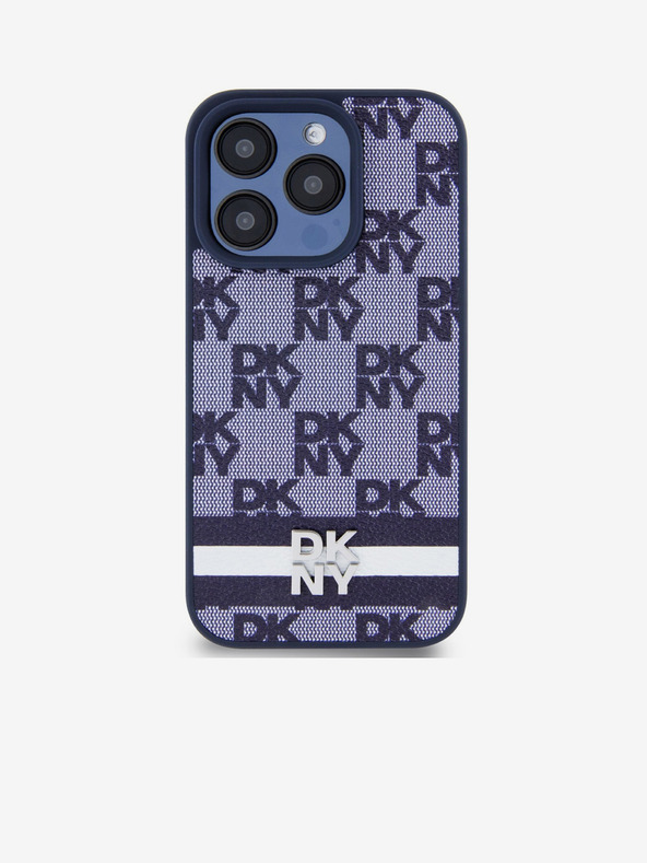 DKNY PU kožený zadný kryt so šachovnicovým vzorom a pruhmi pre iPhone 15 Pro Max Blue DKNY