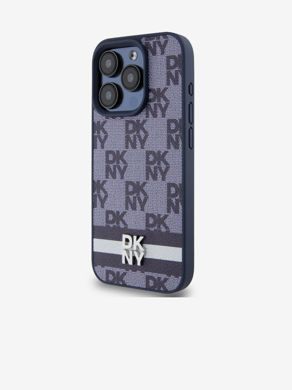 DKNY PU kožený zadný kryt so šachovnicovým vzorom a pruhmi pre iPhone 15 Pro Max Blue DKNY