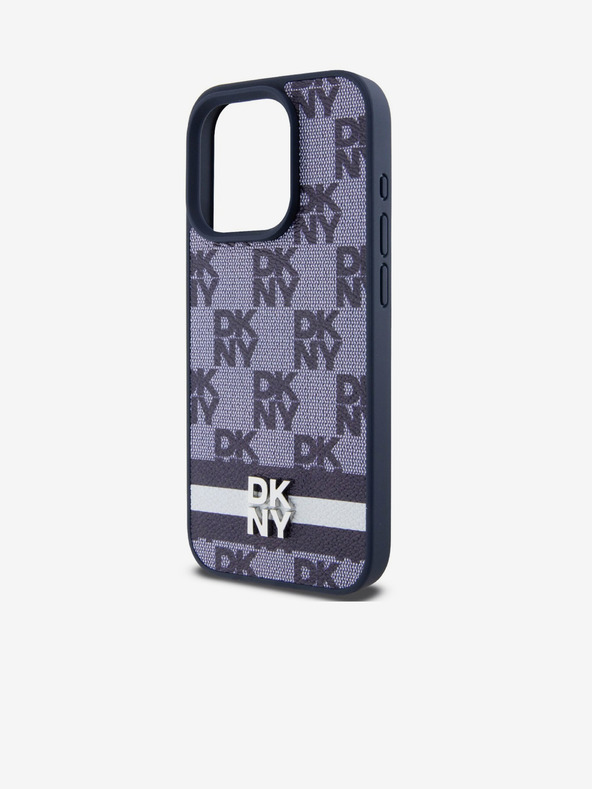 DKNY PU kožený zadný kryt so šachovnicovým vzorom a pruhmi pre iPhone 15 Pro Max Blue DKNY