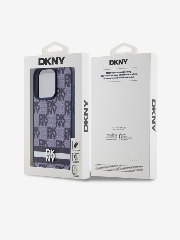 DKNY PU kožený zadný kryt so šachovnicovým vzorom a pruhmi pre iPhone 15 Pro Max Blue DKNY