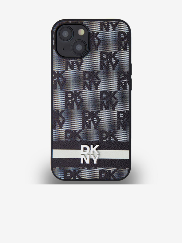 DKNY PU kožený károvaný zadný kryt so vzorom a pruhmi pre iPhone 13 čierny DKNY