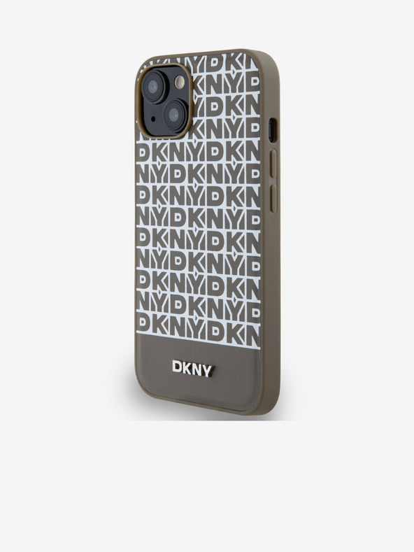 DKNY PU kožený zadný kryt s opakujúcim sa vzorom a prúžkom v spodnej časti pre iPhone 13 hnedý DKNY