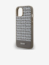 DKNY PU kožený zadný kryt s opakujúcim sa vzorom a prúžkom v spodnej časti pre iPhone 13 hnedý DKNY