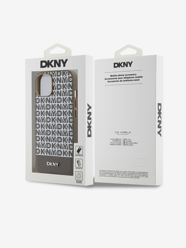 DKNY PU kožený zadný kryt s opakujúcim sa vzorom a prúžkom v spodnej časti pre iPhone 13 hnedý DKNY