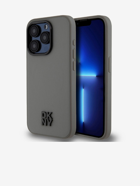 DKNY PU kožený zadný kryt Magsafe so stohom loga pre iPhone 15 Pro sivý DKNY