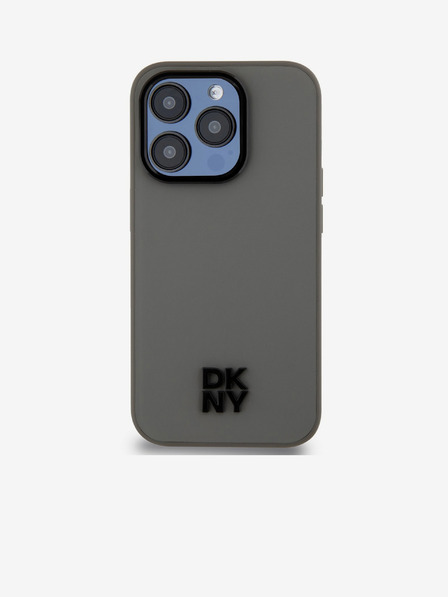 DKNY PU kožený zadný kryt Magsafe so stohom loga pre iPhone 15 Pro sivý DKNY