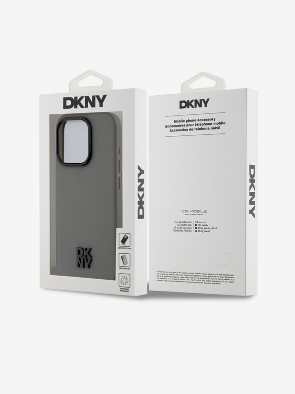 DKNY PU kožený zadný kryt Magsafe so stohom loga pre iPhone 15 Pro sivý DKNY