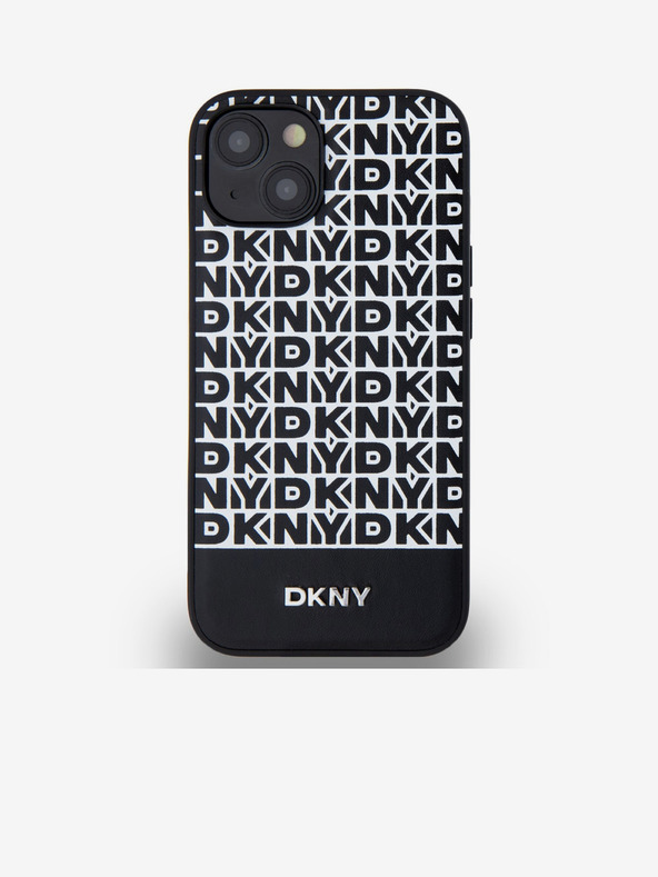 DKNY PU kožený zadný kryt Repeat Pattern Bottom Stripe MagSafe pre iPhone 14 Black DKNY
