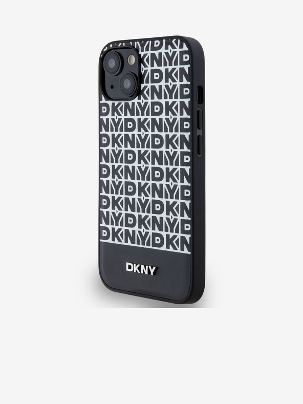 DKNY PU kožený zadný kryt Repeat Pattern Bottom Stripe MagSafe pre iPhone 14 Black DKNY