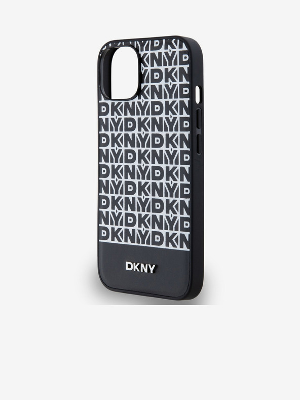 DKNY PU kožený zadný kryt Repeat Pattern Bottom Stripe MagSafe pre iPhone 14 Black DKNY