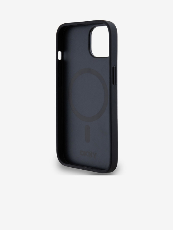 DKNY PU kožený zadný kryt Repeat Pattern Bottom Stripe MagSafe pre iPhone 14 Black DKNY