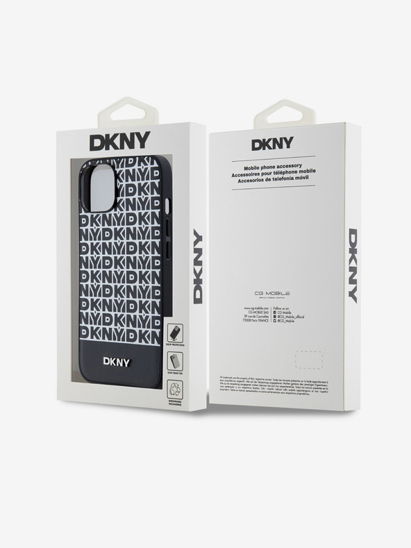 DKNY PU kožený zadný kryt Repeat Pattern Bottom Stripe MagSafe pre iPhone 14 Black DKNY