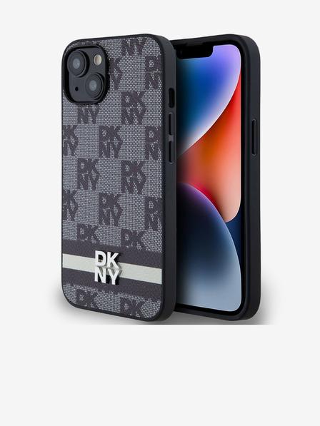 DKNY PU kožený zadný kryt so šachovnicovým vzorom a pruhmi pre iPhone 14 čierny DKNY