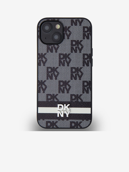 DKNY PU kožený zadný kryt so šachovnicovým vzorom a pruhmi pre iPhone 14 čierny DKNY