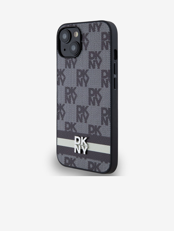 DKNY PU kožený zadný kryt so šachovnicovým vzorom a pruhmi pre iPhone 14 čierny DKNY