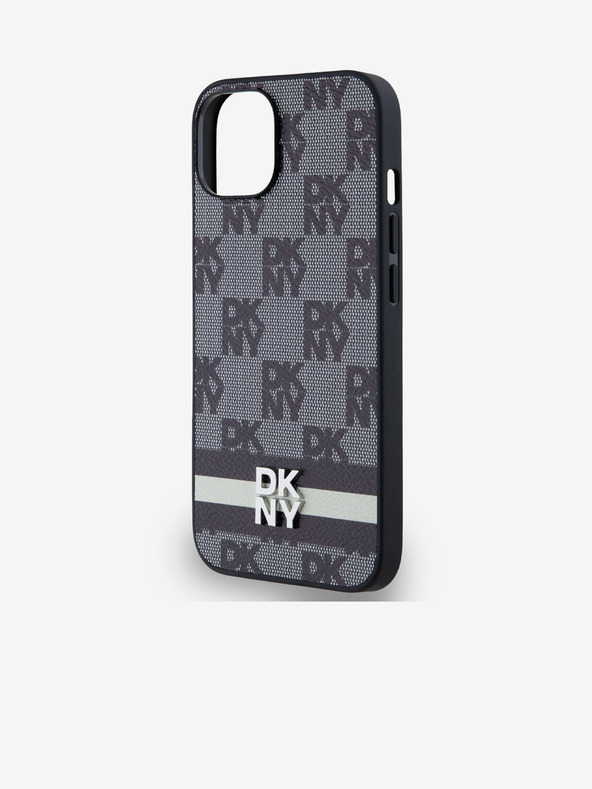 DKNY PU kožený zadný kryt so šachovnicovým vzorom a pruhmi pre iPhone 14 čierny DKNY