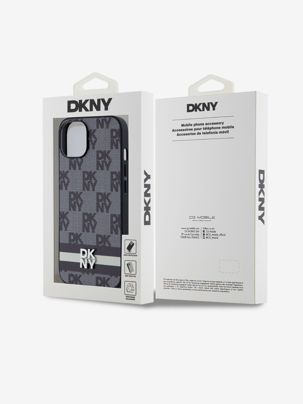 DKNY PU kožený zadný kryt so šachovnicovým vzorom a pruhmi pre iPhone 14 čierny DKNY