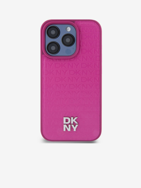 DKNY PU kožený zadný kryt s opakujúcim sa vzorom Stack Logo Magsafe pre iPhone 15 Pro ružový DKNY