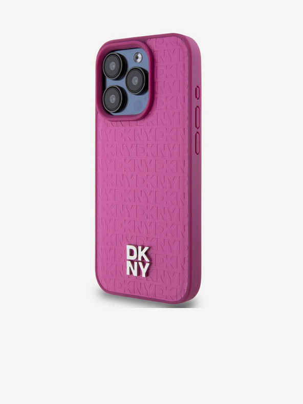 DKNY PU kožený zadný kryt s opakujúcim sa vzorom Stack Logo Magsafe pre iPhone 15 Pro ružový DKNY