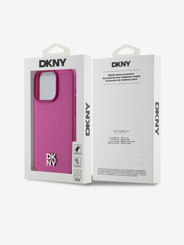 DKNY PU kožený zadný kryt s opakujúcim sa vzorom Stack Logo Magsafe pre iPhone 15 Pro ružový DKNY