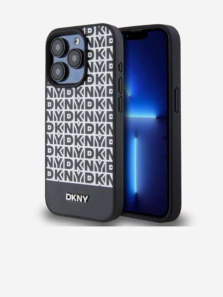 DKNY PU kožený zadný kryt Repeat Pattern Bottom Stripe MagSafe pre iPhone 15 Pro Black DKNY
