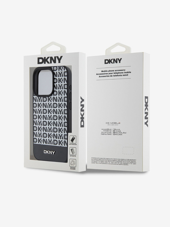 DKNY PU kožený zadný kryt Repeat Pattern Bottom Stripe MagSafe pre iPhone 15 Pro Black DKNY