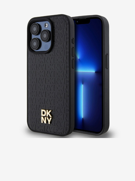 DKNY PU kožený zadný kryt Repeat Pattern Stack Logo Magsafe pre iPhone 15 Pro Black DKNY