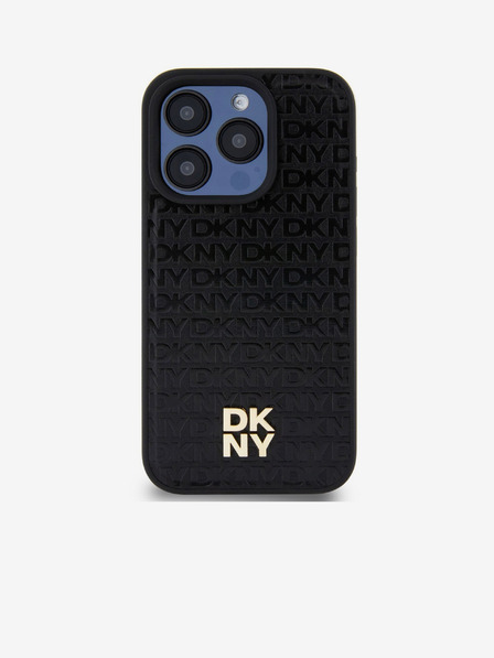 DKNY PU kožený zadný kryt Repeat Pattern Stack Logo Magsafe pre iPhone 15 Pro Black DKNY