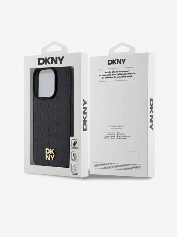 DKNY PU kožený zadný kryt Repeat Pattern Stack Logo Magsafe pre iPhone 15 Pro Black DKNY