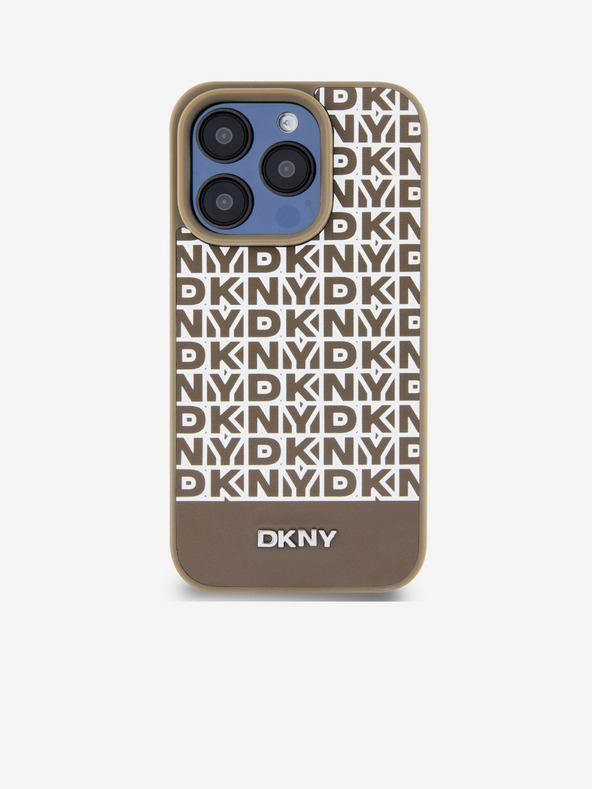 DKNY PU kožený zadný kryt Repeat Pattern Bottom Stripe MagSafe pre iPhone 15 Pro Brown DKNY