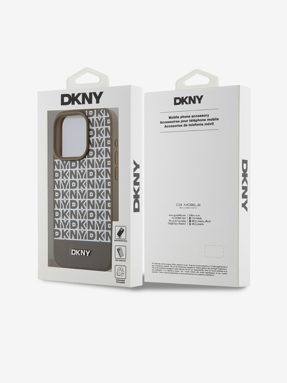 DKNY PU kožený zadný kryt Repeat Pattern Bottom Stripe MagSafe pre iPhone 15 Pro Brown DKNY