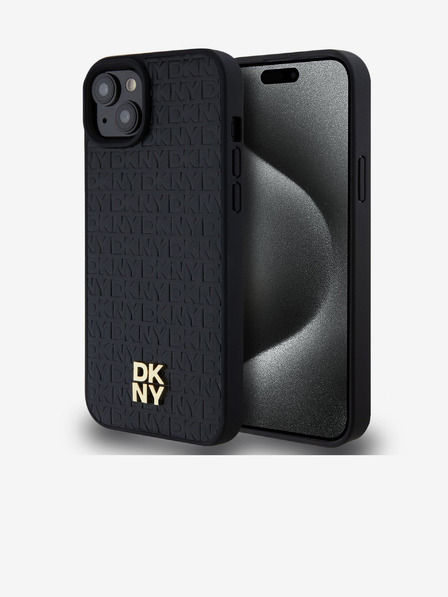 DKNY PU kožený zadný kryt Repeat Pattern Stack Logo Magsafe pre iPhone 15 Plus Black DKNY