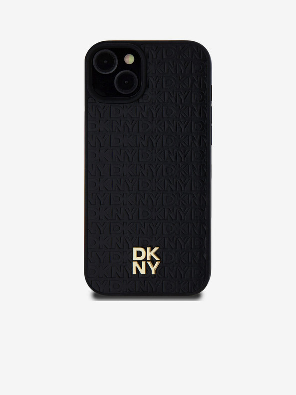 DKNY PU kožený zadný kryt Repeat Pattern Stack Logo Magsafe pre iPhone 15 Plus Black DKNY