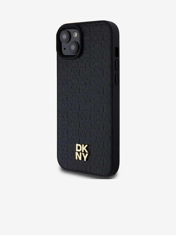 DKNY PU kožený zadný kryt Repeat Pattern Stack Logo Magsafe pre iPhone 15 Plus Black DKNY