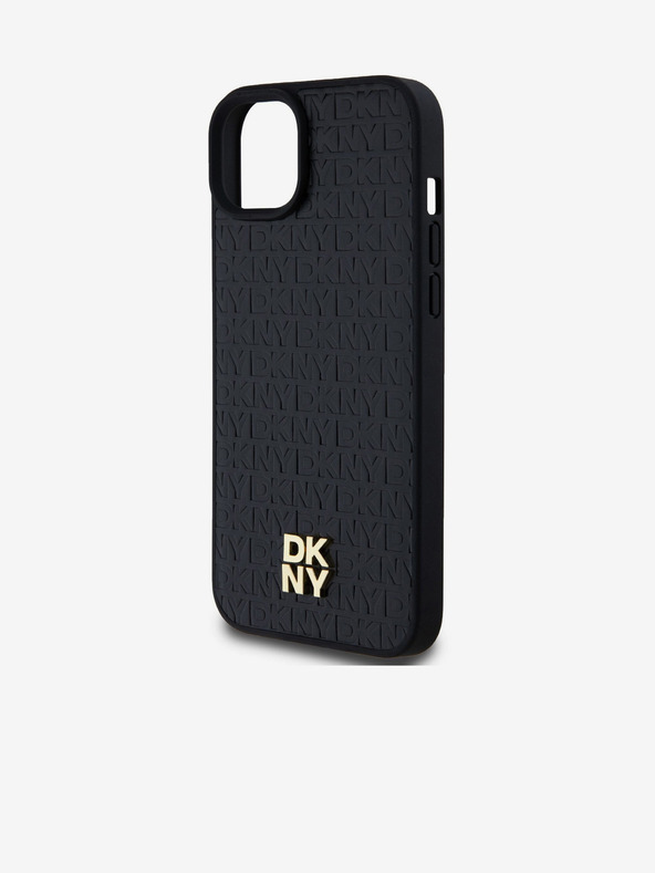 DKNY PU kožený zadný kryt Repeat Pattern Stack Logo Magsafe pre iPhone 15 Plus Black DKNY