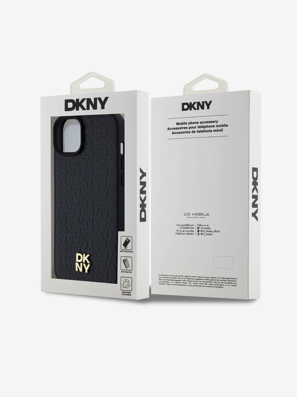 DKNY PU kožený zadný kryt Repeat Pattern Stack Logo Magsafe pre iPhone 15 Plus Black DKNY