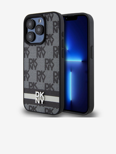 DKNY PU kožený zadný kryt so šachovnicovým vzorom a pruhmi pre iPhone 14 Pro Max Black DKNY