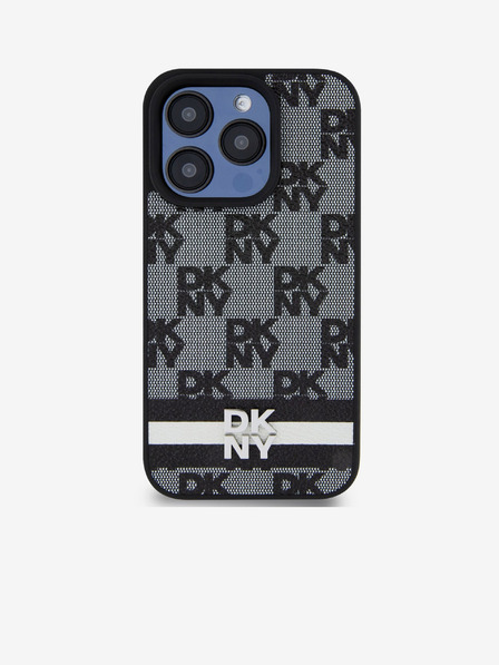 DKNY PU kožený zadný kryt so šachovnicovým vzorom a pruhmi pre iPhone 14 Pro Max Black DKNY