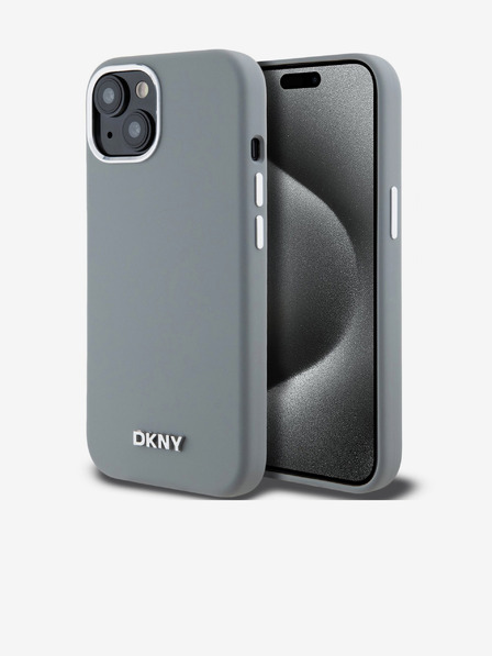 DKNY Tekutý silikón Strieborné kovové logo Magsafe zadný kryt pre iPhone 15 sivý DKNY