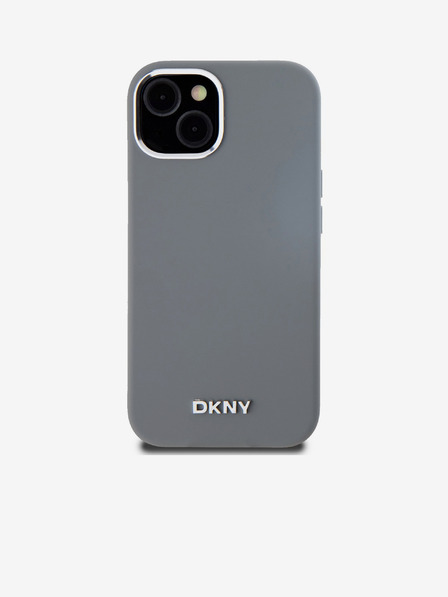 DKNY Tekutý silikón Strieborné kovové logo Magsafe zadný kryt pre iPhone 15 sivý DKNY