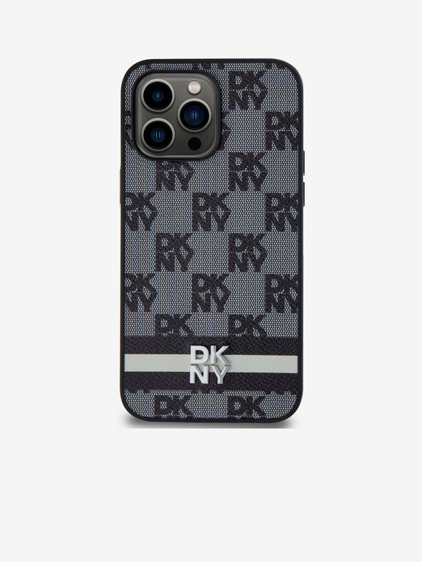 DKNY PU kožený zadný kryt so šachovnicovým vzorom a pruhmi pre iPhone 15 Pro Max Black DKNY