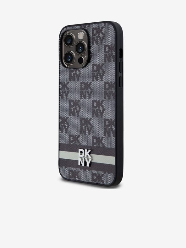DKNY PU kožený zadný kryt so šachovnicovým vzorom a pruhmi pre iPhone 15 Pro Max Black DKNY